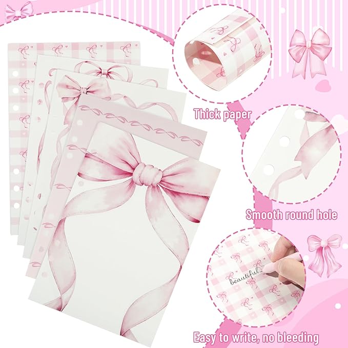 100 Sheets Pink Bow A5 Refills Paper for Planner Inserts Binder, Thick 6 Hole Notebook Refill, 120GSM Filler Insert Loose Leaf Paper for A5 6 Ring Binder Travel Journal Diary Budget, Lined & Blank