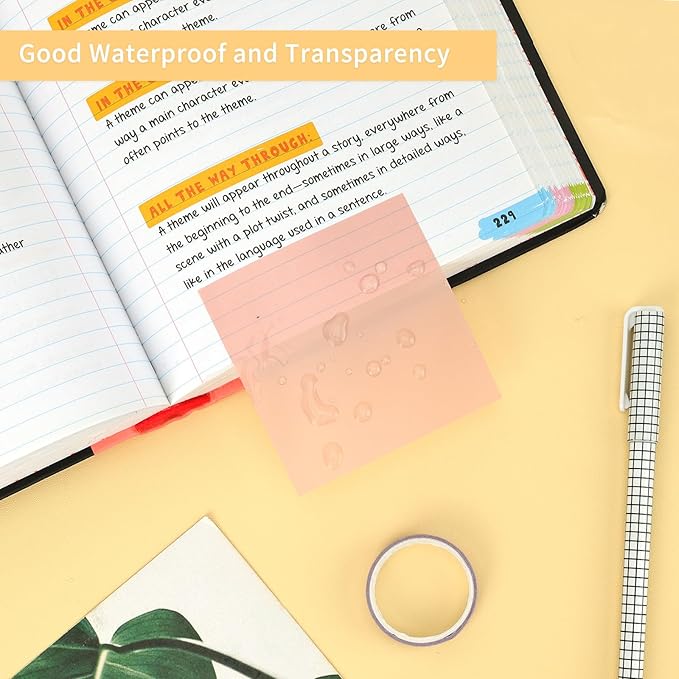 EOOUT Transparent Sticky Notes, 6 Pads 3x3 Inch, 6 Colors Pastel Clear Self-Adhesive Waterproof Translucent Sticky Notes, 300 Sheets, for Bible Tabs, Book Tabs, School Supplies, Office