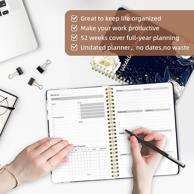 Weekly Planner Undated - 52 Weeks To Do List Notebook A5 for Work: Weekly Task, Habit Tracker Journal, Goal Setting, Agenda Sprial Bound Organizer Book Women Cute Stylish Design, Blue Flower