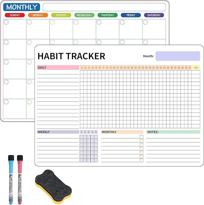 Habit Tracker Magnetic Whiteboard Set-Daily Weekly and Monthly Goal and Habit Tracker Magnetic Whiteboard for Refrigerator-Magnetic Calendar for Fridge -Motivational Goal & Planner Journal