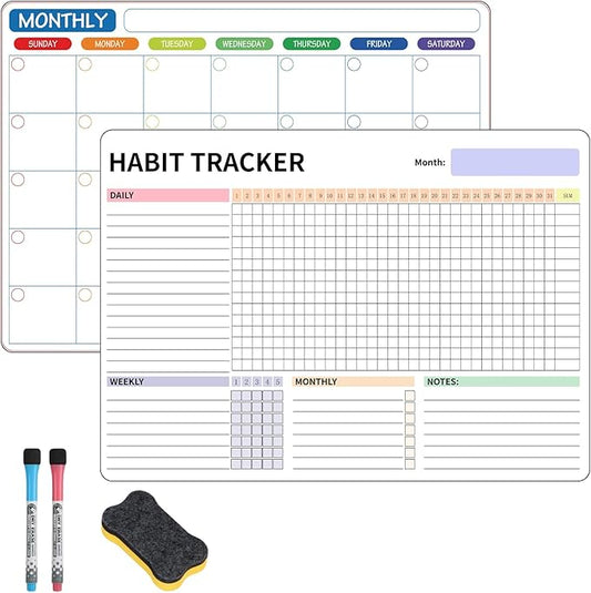 Habit Tracker Magnetic Whiteboard Set-Daily Weekly and Monthly Goal and Habit Tracker Magnetic Whiteboard for Refrigerator-Magnetic Calendar for Fridge -Motivational Goal & Planner Journal