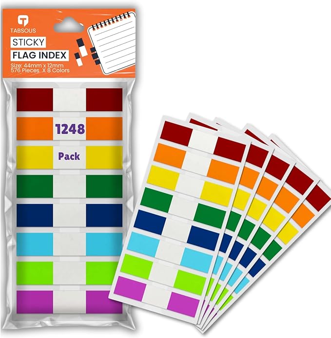 Tabsous 1248 Sticky Tabs - Repositionable, Writable Index Tabs & Page Flags for Books, Files, and Notes - Transparent Colored Markers for Organizing, Highlighting, Classifying Documents (08 Colors)