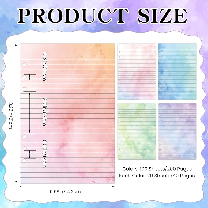 100 Sheets Gradient A5 Refill Papers for Planner Binder Insert with Pink Pu Leather Binder Cover, Refillable 6 Ring Binder Journal with 120GSM Thick Watercolor Notebook Filler for Girls Women