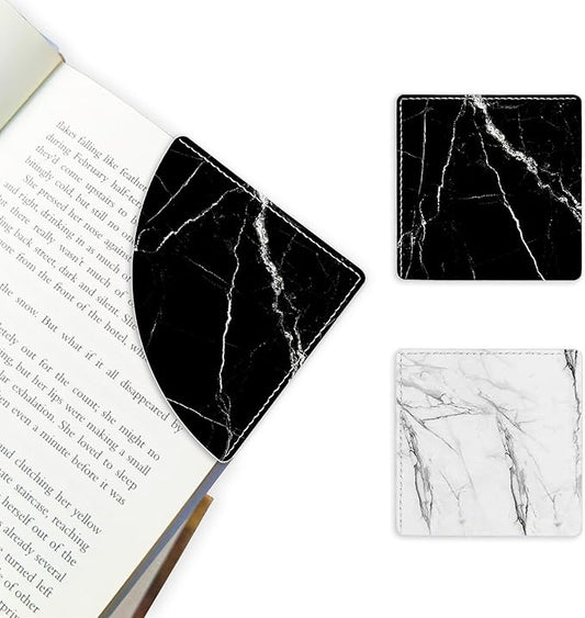 2 Pack Black and White Marble Leather Book Corner Bookmark, Durable Handmade Reading Accessories - Gifts for Readers, Women, Men, Teachers, Students