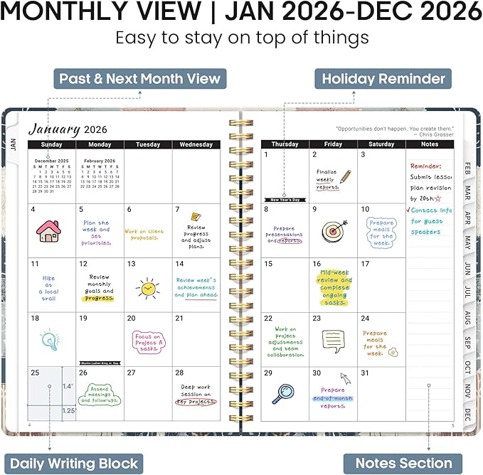 2026 Planner, Weekly and Monthly Calendar Planner Book, January 2026 - December 2026, Hardcover Spiral Planner with Monthly Tabs, Notes Pages, Perfect for Women & Men, A5 (6.4" x 8.5") - Deer