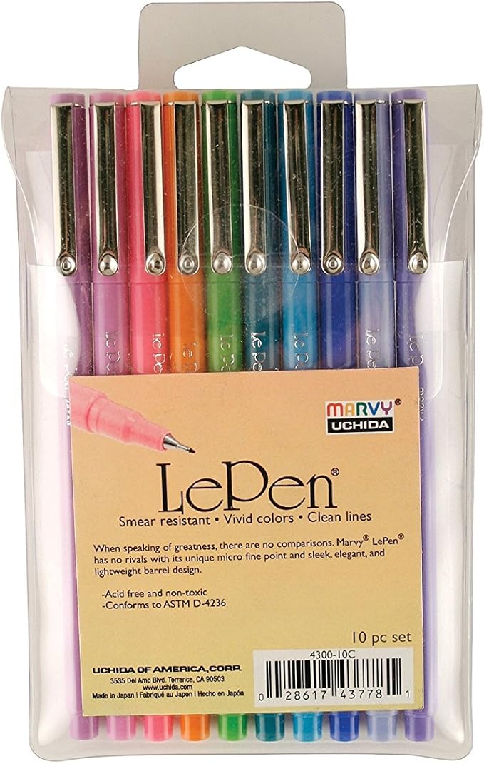 Uchida Of America 4300-10C 10-Piece 0.3 Point Size Le Pen Drawing Pen Set, Blue, Orange, Lavender, Pink, Light Blue