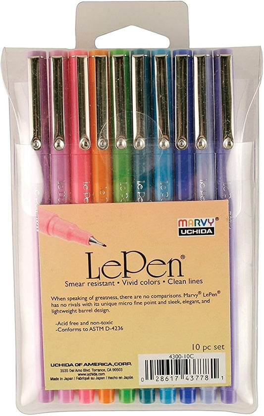 Uchida Of America 4300-10C 10-Piece 0.3 Point Size Le Pen Drawing Pen Set, Blue, Orange, Lavender, Pink, Light Blue
