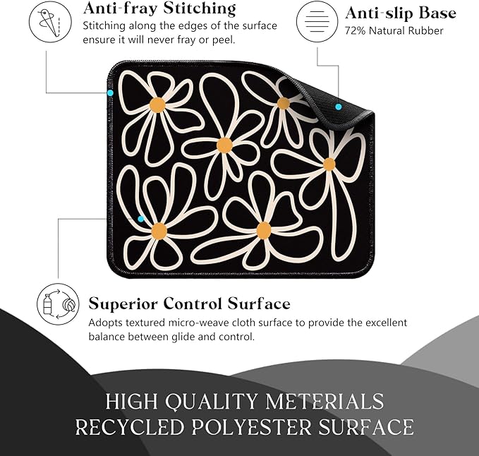 Black Daisy Flower Desk Pad Mat with Stitched Edges and Non-Slip Rubber Base, Premium-Textured Mouse Pad for Laptop, Computer & PC, Gaming & Working, Waterproof Mousepad