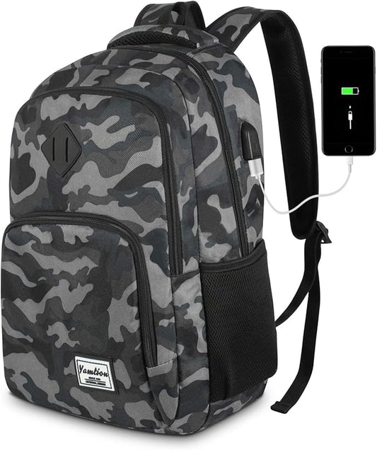 YAMTION Men's and Women's Laptop Backpack with USB Charging Port for Business University 35L (15.6 Inches, B6-Black Camouflage)