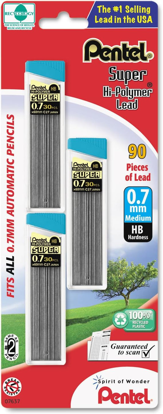 Pentel C27BPHB3K6 Super Hi-Polymer Lead Refills, 0.7mm, HB, Black 30/Tube, 3 Tubes/Pack, 90/PK (180)