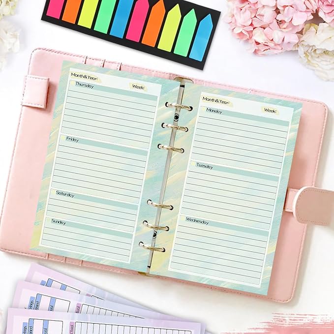 A6 Binder Planner Inserts, Monthly Weekly Planner Refills Budget Sheets, Colored Index Stickers, Binder Pockets and Today Ruler, Index Paper Divider, for A6 Binder Planner Accessories(6 Hole)