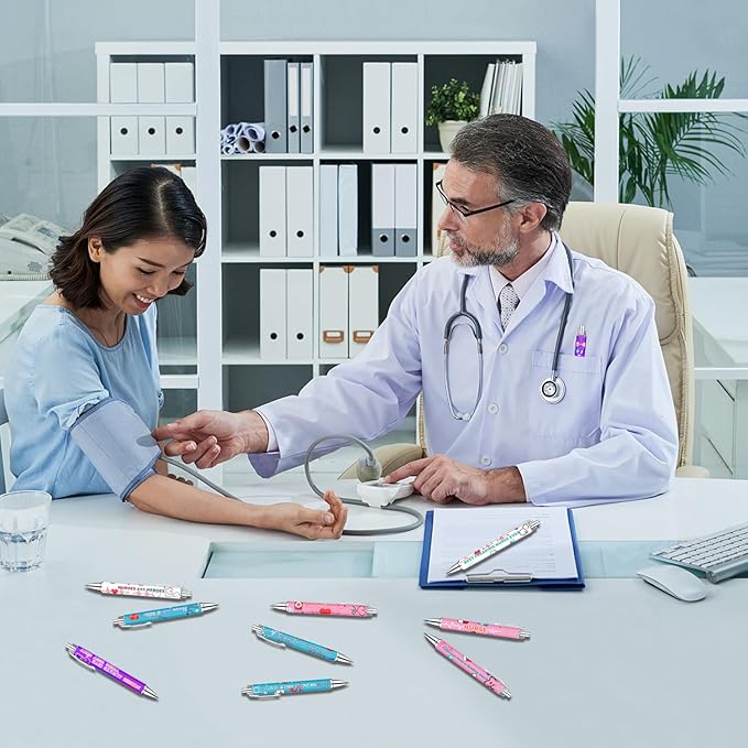 Idealmuzik Nurse Appreciation Week Ballpoint Pens Set of 10 – Nurse Theme Pens with Stethoscope, Heart & ECG Designs and Encouraging Quotes – Smooth Black Ink Pens for Hospital, Office, and Daily Use