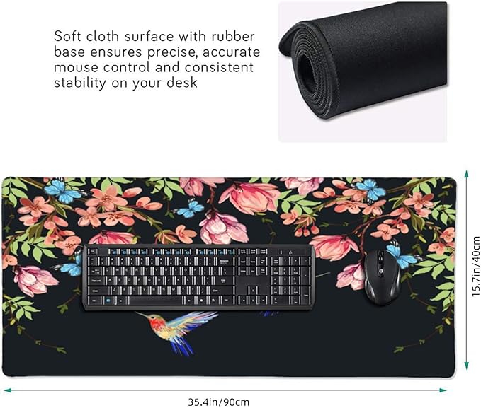 Extra Large Mouse Pads Hummingbirds and Flowers XXL Extended Mousepad with Stitched Edges Non-Slip Rubber Base Computer Keyboard Pad Desk Mat for Home Office Desk Decor, 35.4" X 15.7"