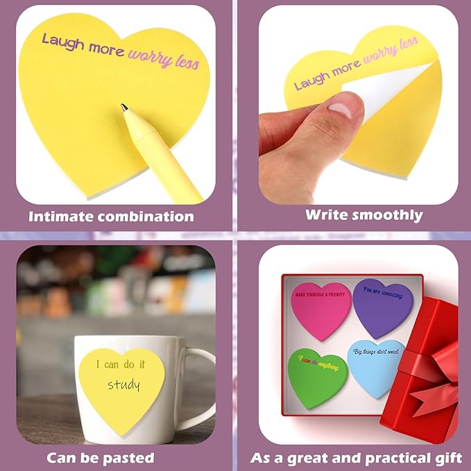 Teling 24 Pack Valentine's Day Sticky Notes Heart Shape Sticky Notes 3 x 3 Inch Motivational Notepads Bulk Cute Memo Pads for Galentines Party Gifts School Office Supplies (Bright)