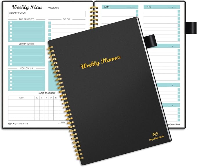 Weekly Planner Undated, Weekly Goals Schedule Planner Regolden-Book To Do List Notebook Calendars Organizers Habit Tracker Journal for Man & Women, Spiral Binding, Pocket, Pen Loop, 53 Weeks (7x10")