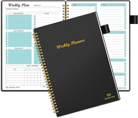 Weekly Planner Undated, Weekly Goals Schedule Planner Regolden-Book To Do List Notebook Calendars Organizers Habit Tracker Journal for Man & Women, Spiral Binding, Pocket, Pen Loop, 53 Weeks (7x10")
