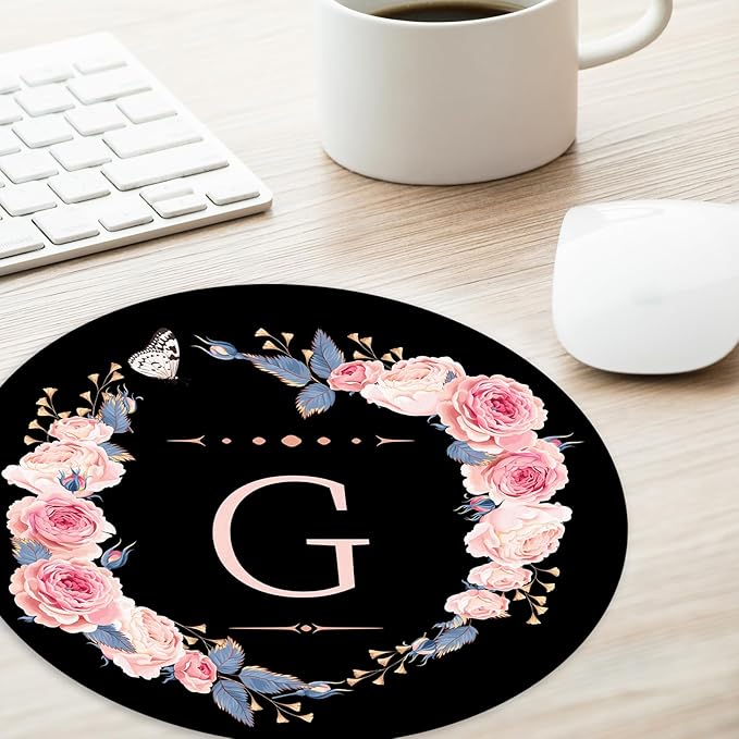 Letter G Black and Pink Flowers Round Mouse Pad, Funny Small Mouse Mat with Non-Slip Rubber Base, Home Office Decor Desk Accessory, 8.7inch Round