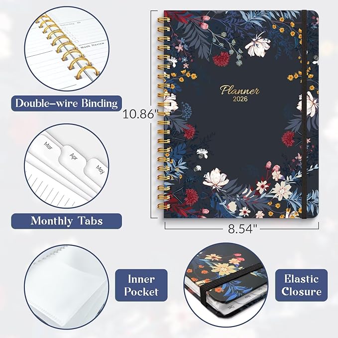 2026 Planner 8.5 x 11, Large Weekly and Monthly Planners with Tabs, A4 Spiral Bound Daily Calendar 2026 Planner, 12 Month Agenda Organizers from Jan. to Dec.(Black Bloss)