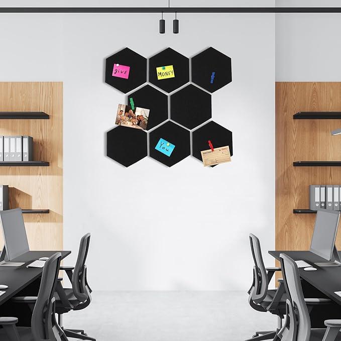 8 Pcs 12" Large Hexagon Felt Cork Board Tiles Self Adhesive DIY Bulletin Board Pin for Office Home Wall Decor Stickers Memos Photos Display with 10 Multi-Color Clip Drawing Pins(Colorful)