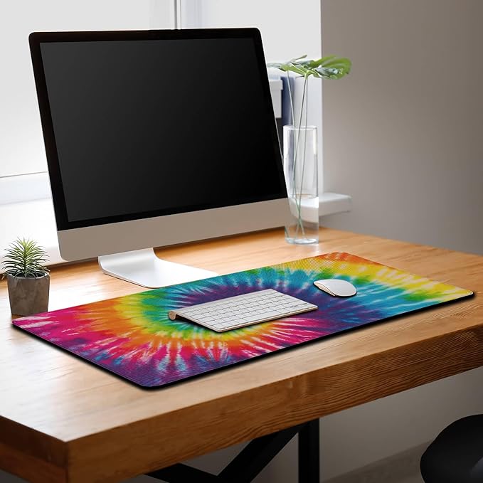 Gaming Mouse Pad Yellow Big Desk Mat Large Mousepads Desktop Mat Table Extender Non-Slip Rubber Base Waterproof with Stitched Edges 35.4" X 15.7" for Game Office, Rainbow Tie Dye