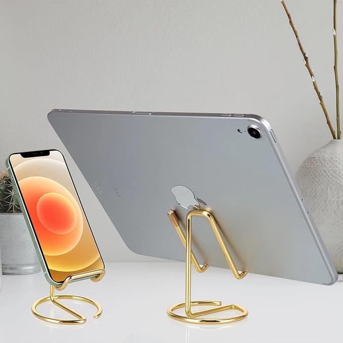 2 Pack Cell Phone Stand for Desk, Cute Metal Gold Cell Phone Stand Holder Desk Accessories, Compatible with All Mobile Phones, iPhone, iPad