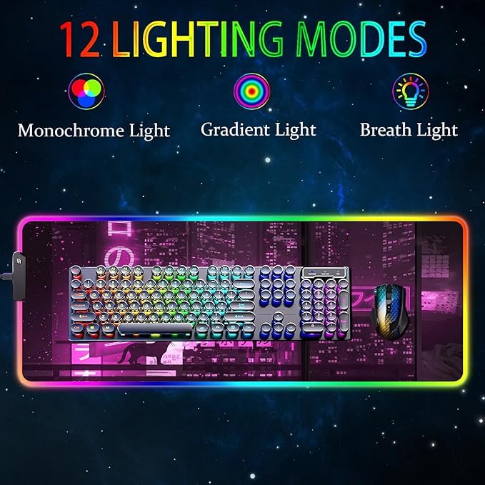 RGB Gaming Mouse Pad, Large Mousepad with Led Light, Gaming Accessories Keyboard Pad for Desk, Non-Slip Rubber Base Big Mouse Mat for Gamer, 31.5 X 11.8 Inch, Purple Anime