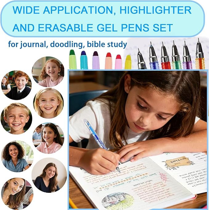 55 Pcs Aesthetic Highlighter and Erasable Pen set,set 6 Bible Highlighters 8Erasable Pens and 40 Refills&Eraser,No Bleed, erasablecolored pens, for Bible Study Journaling Planner Notes School supplies
