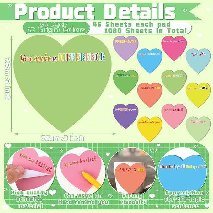 Teling 24 Pack Valentine's Day Sticky Notes Heart Shape Sticky Notes 3 x 3 Inch Appreciation Notepads Bulk Cute Memo Pads for Galentines Party Gifts School Office Supplies (Bright)