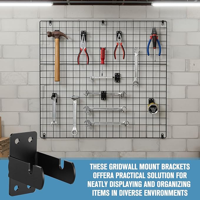 Thyle 12 Pack Gridwall Mount Brackets Metal Double Hook with Screws Wire Grid Panel Hooks Accessories for Warehouse Clothing Store Shop Cloakroom Retail Display Garage Office Wall Organization