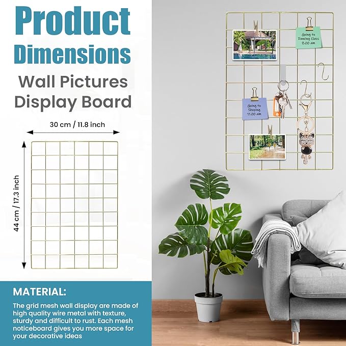 Metal Grid Wall Panel, Wire Grid Photo Display Organizer, 17.3"×11.8" Gold Wire Board Grid Wall, Grid Picture Frame, 4-Pack Wire Mesh Memo Board with Clips and Hooks