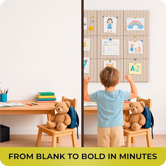 Felt Bulletin Board Tiles – 12x12 Inch Cork Wall Panels, Pack of 12, Covers 36x48 Inches, 50 Adhesive Tabs and Bubble Level, Polyester Material – Desert Ivory