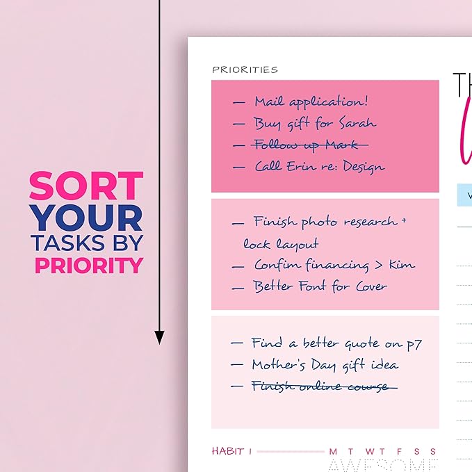 Weekly Planner Spiral Bound Notebook A5 - Undated Planner - To Do List Notebook - Habit Tracker - 52 Weeks - Daily Planner Undated for Home Work Office Business - Goal Planner - Cute Planner - Pink