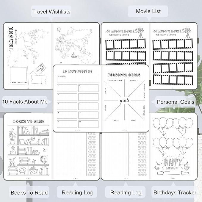 Premade Dotted Journal Notebook, Pre-made Dot Grid Notebook with Undated Weekly & Monthly Planner, Trackers, Bullet Templates - 12 Months Organization, 237 Numbered Pages A5 Hardcover Leather