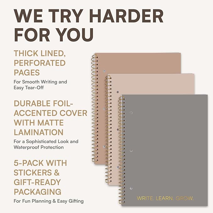 Decorably 5-Pack 140 Pages Gold Foiled Spiral Note Books College Ruled with Stickers, 8x10.5in Spiral Bound Cute College Ruled Notebook, 3-Hole Punched, Easy Tear-Off Perforated Pages - Work, School