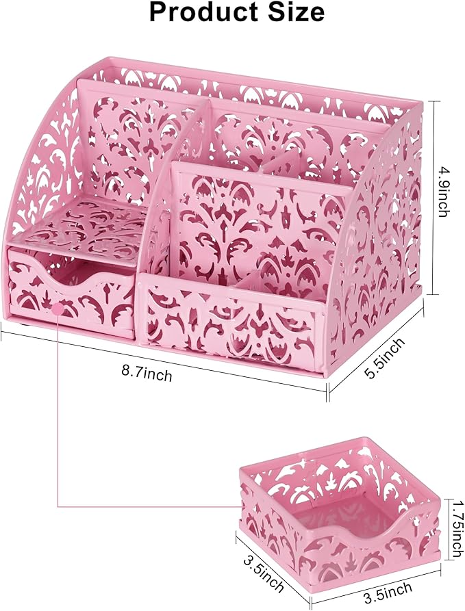 EasyPAG Pen Holder Desk Organizer with Drawer Pencil Cup for Desk 6 Compartments Metal Office Caddy Storage with Sticky Notes Holder for School Home Office, Pink