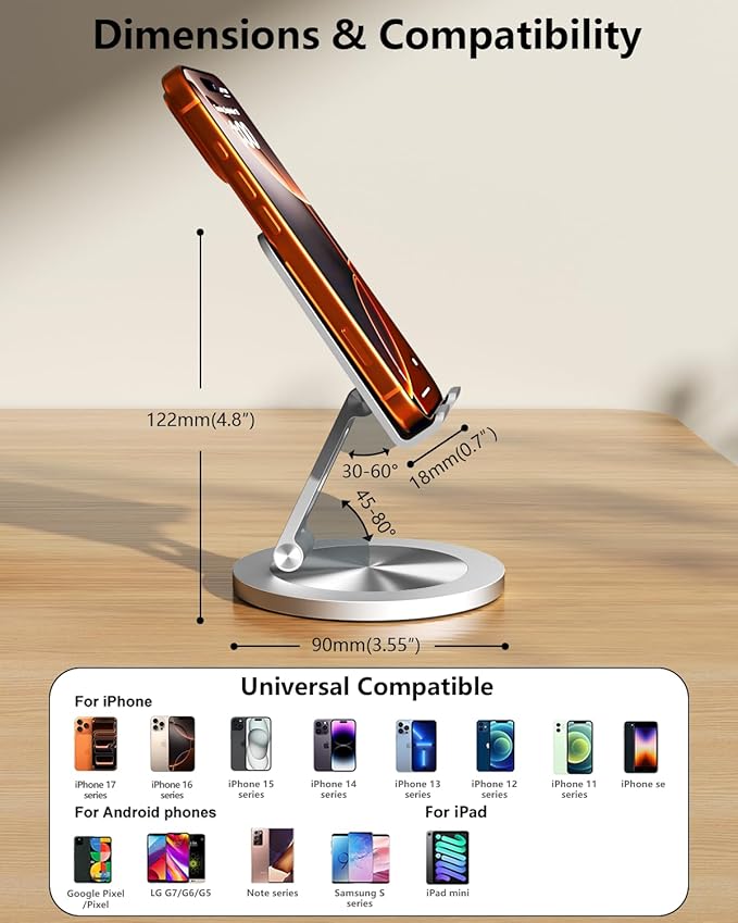 360 Rotating Phone Holder for Desk, Dual-Adjustable Foldable Heavy-Duty Bases Aluminum Phone Stand Compatible with iPhone 17 16 15 14 13 12 11 Series, Galaxy, 4-8" All Phones (Silver)