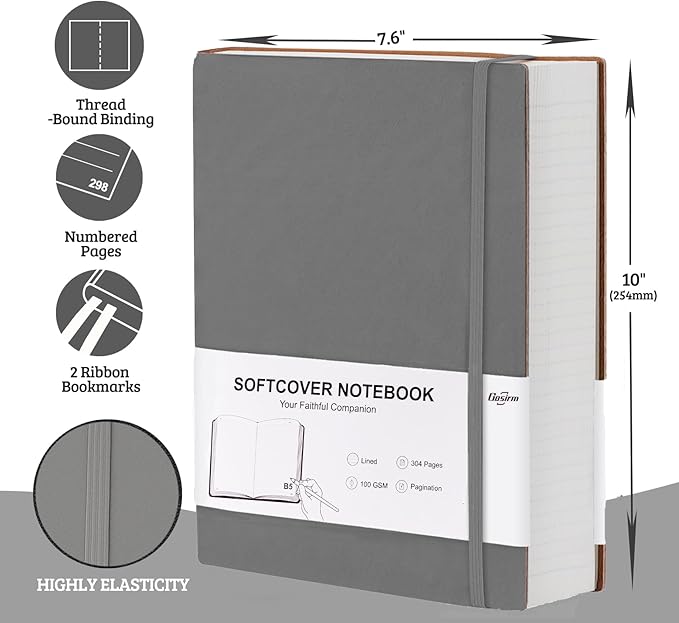 Gosirm Lined Journal Notebook, Thick Journals College Ruled for Writing, 304 Pages Leather Notebook 100 Gsm Lined Paper, Daily Diary Notebook for Work, Office, Note Taking, 7.6'' X 10'' Grey
