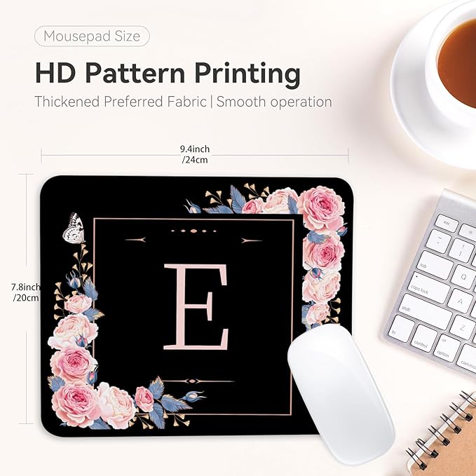 Letter E Black and Pink Flowers Square Mouse Pad, Mouse Pad with Stitched Edge and Non-Slip Rubber Base,Mouse Mat,Home Office Decor Desk Accessories,9.4x7.8x0.12 inch Square Mouse Pad