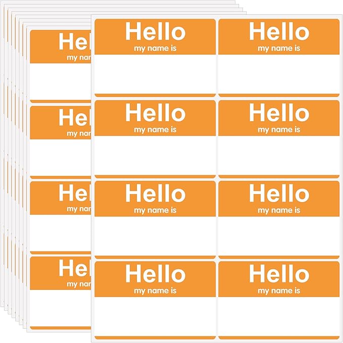 3.5" x 2.25" Name Tags Sticker, 200Pcs Hello My Name is Stickers, Orange Name Badge Name Tags Label for Office, Meeting, School, Teachers and Mailing