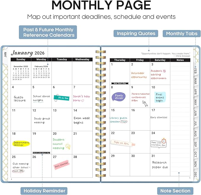 2026 Planner, Weekly and Monthly Calendar Planner, January 2026 - December 2026, Hardcover 2026 Calendar Book with Tabs For Women & Men, Inner Pocket, Spiral Bound, Perfect for Office Home School Supplies - A5 (6.3" x 8.5"), Gray