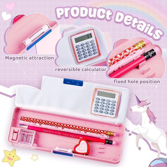 Henoyso Multifunctional Pencil Box for Girls Unicorn Pencil Case with Calculator and Sharpener Cool Cute Pencilcase School Supplies Essentials Valentine's Day Birthday Gift Present for Kids Teens