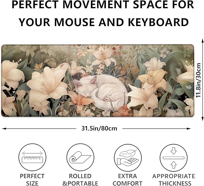 Cute Floral Cat Gaming Mouse Pad, White Cat Sleep Among Flowers Large Desk Mat for Computer, Extended Keyboard Laptop Mouse Pads 31.5×11.8in, Non Slip Rubber Mousepad for Office Decor Gifts