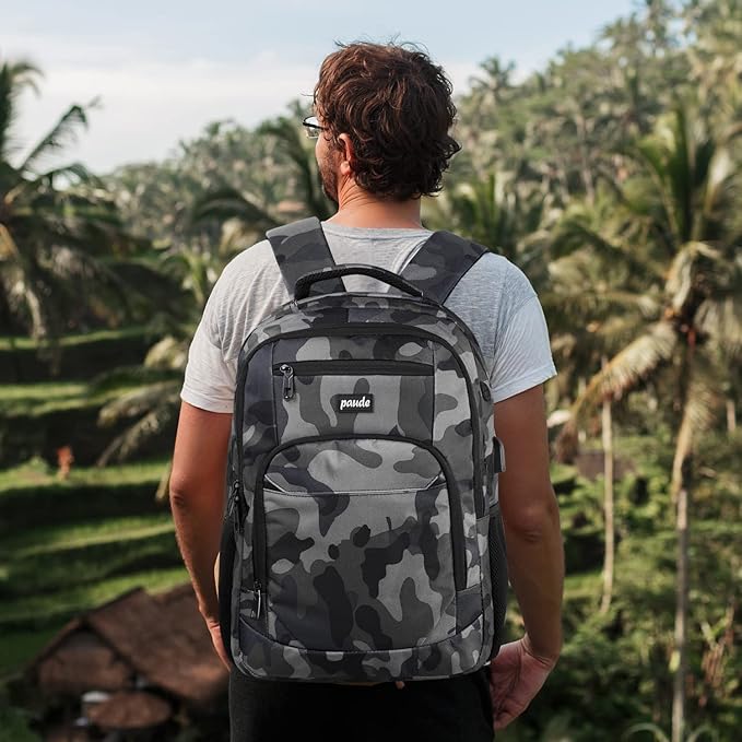 Paude 17 inch Travel Business Backpack for Men,College Backpack School Bookbag for Teens,Laptop Bookbag with USB Port and Headphone Hole,Camouflage Black