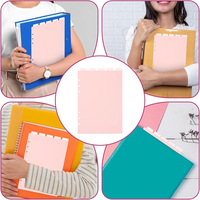 2 Set 6-Ring A5 Binder Dividers, Top 5 Tabs Plastic Binder Index Dividers for 6-Holes Ring Binders, Planner Insets Pink Vertical Tabs Divider Page Protectors for School Office Home Notebook Planner