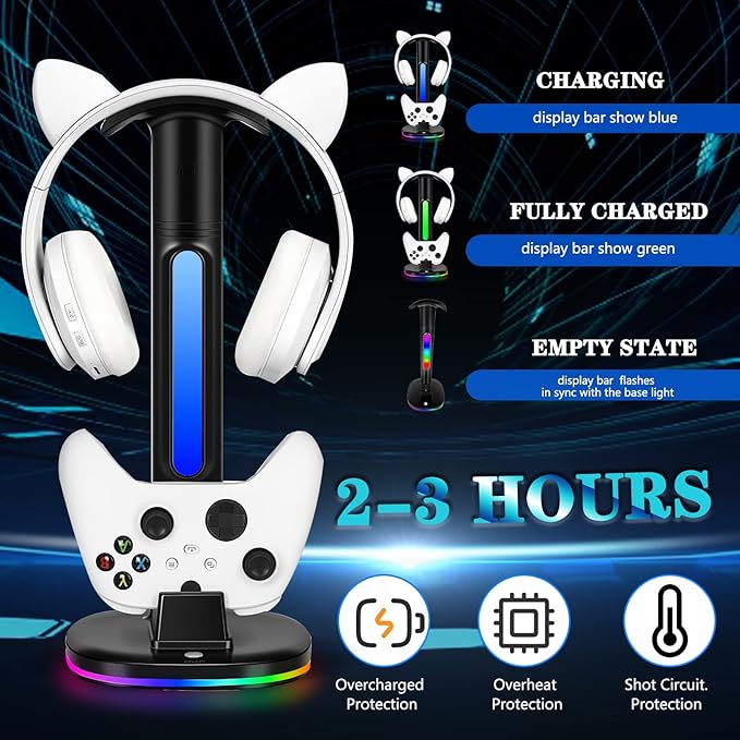 Controller Charger with RGB Headphone Stand for Xbox Series X|S/Elite 2/One/One X/One S/One Elite, XSX Controller Charger Station with 2 USB Port, Headset Stand for Xbox Charging Station Dock