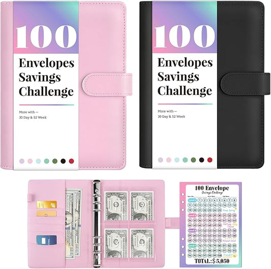 2PCS 100 Envelopes Money Saving Challenge, Savings Challenges Book with Envelopes, Flexible Saving $5050, $2600, $300, Savings Binder with 100 Pocket Pre-Number & Reusable Laminated Tracker