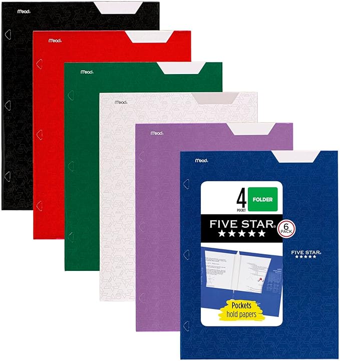 Five Star 4-Pocket Folder, 6 Pack, Paper Folder, Fits 3-Ring Binders, Holds 8-1/2" x 11" Paper, Assorted Colors (38058)
