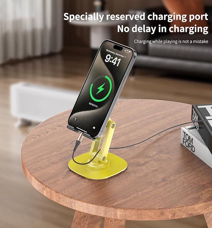 360° Degree Rotating Mobile Phone Holder,Fully Adjustable Foldable Desktop Phone Holder Stand Base,Foldable Desktop Cell Phone Stands for iPhone17 16 15 Pro Xr Xs Max X Plus iPad Samsung(K69-Yellow)