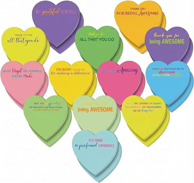 Teling 24 Pack Valentine's Day Sticky Notes Heart Shape Sticky Notes 3 x 3 Inch Thank You Notepads Bulk Cute Memo Pads for Galentines Party Gifts School Office Supplies (Bright)