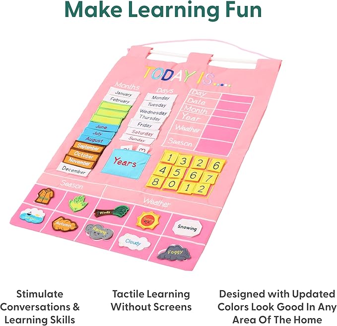The Peanutshell Learning Calendar Wall Chart - Homeschool Supplies, Interactive Pocket Chart for Toddlers & Kids - Preschool Learning Activity Board, Circle Time Board for Classroom - Pink Today is